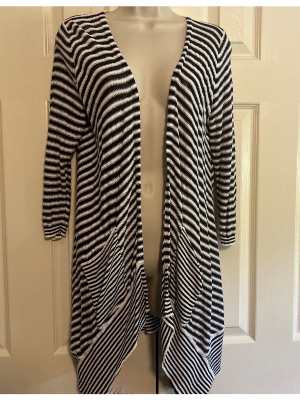 The Limited Open Front Shawl Cardigan Sweater Black White Stripes Womens Size XL